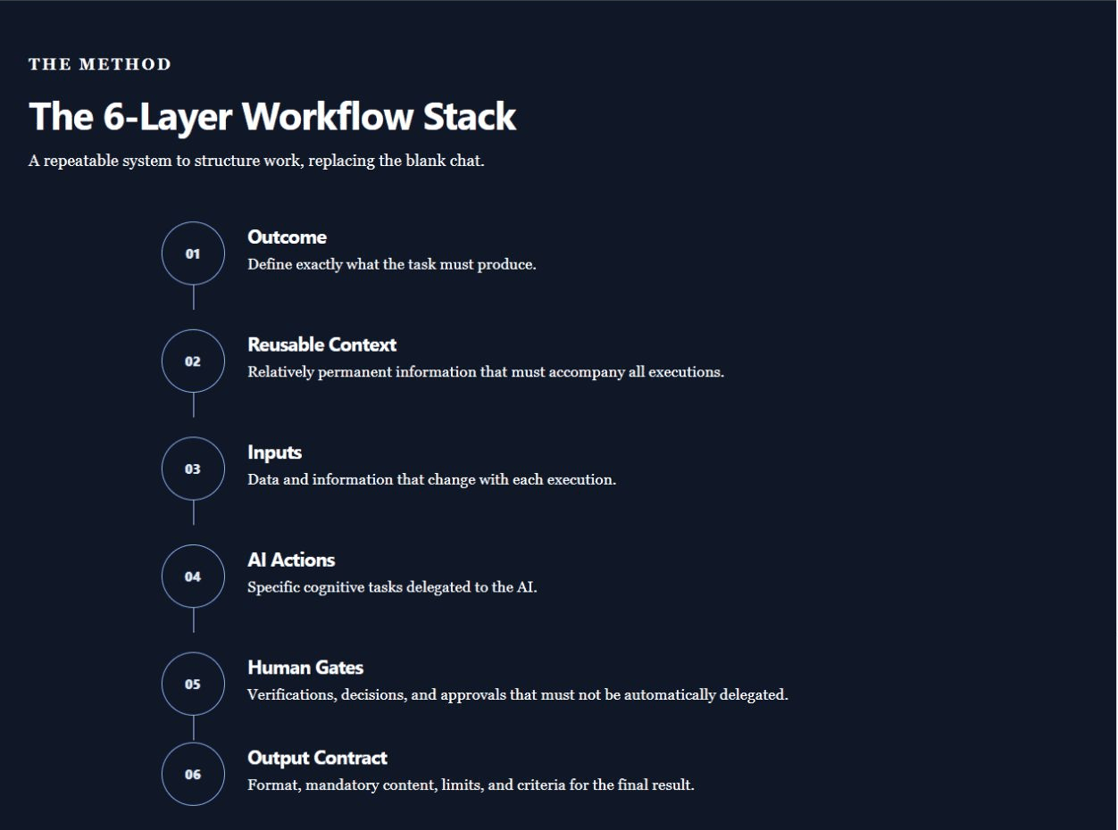 Interactive Local Web Edition method view showing the six-layer workflow stack: Outcome, Reusable Context, Inputs, AI Actions, Human Gates, and Output Contract